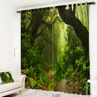 定制个性北欧3D立体风景树林绿树绿色森林卧室客厅窗台短帘窗帘