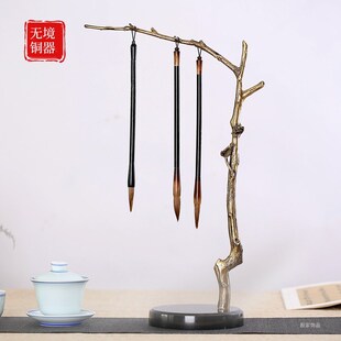 逢春铜无境黄铜艺术毛笔架花草元素复古挂架圆形大理石底座笔挂