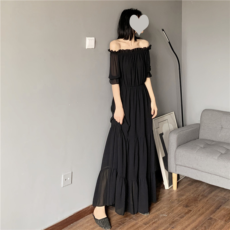 锁骨一字肩连衣裙夏 木耳边收腰及踝礼服 露肩高个子雪纺拖地长裙