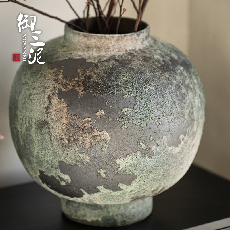 插花复古手工民宿酒店侘寂禅意摆件陶瓷花瓶手提把手粗陶瓶灯笼瓶