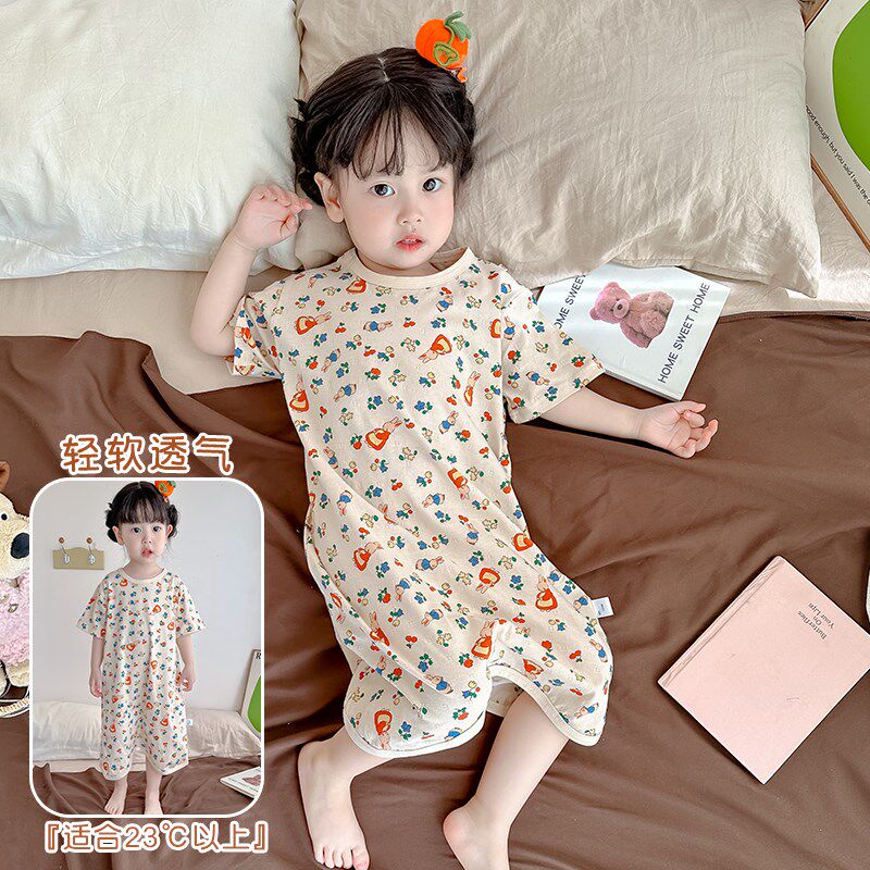 女童睡裙夏季薄款纯棉儿童连体睡衣夏天宝宝空调房睡袍防踢家居服