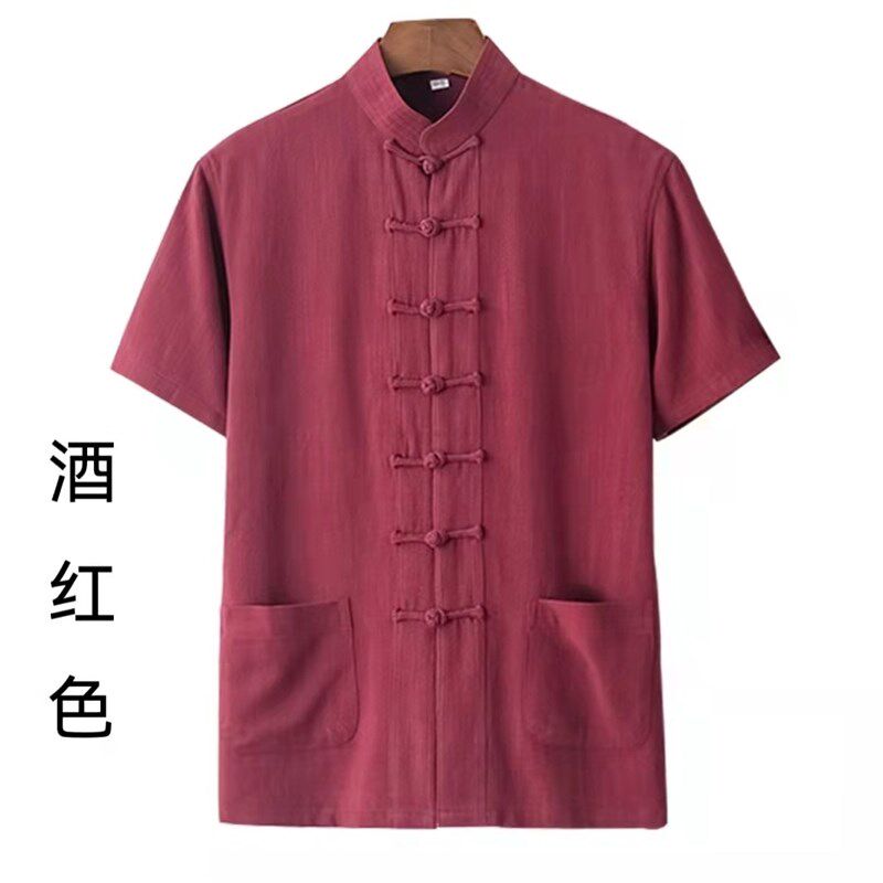 【玉请】唐装男士夏季薄款麻类短袖上衣复古中式立领衬衫国风男装