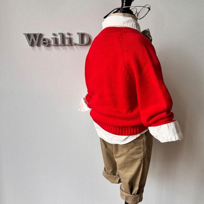 男童套装针织毛衣 儿童红色毛衣线衫细毛线学院风纯棉红色套装