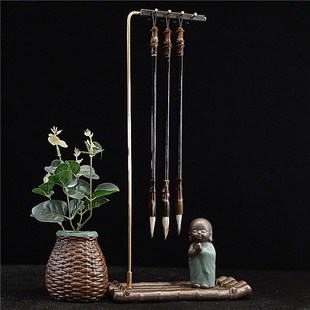 陶瓷底铜杆毛笔挂挂毛笔学生笔架墨碟创意笔架摆件挂笔卖笔