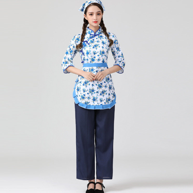 舞台阿庆嫂演出服 民国学生装 五四青年女装棉碎花采茶女村姑服装