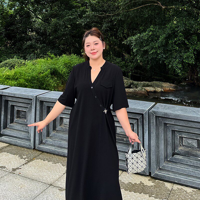 大码女装收腰显瘦雪纺裙200斤夏季胖妹妹mm宽松遮肚子v领连衣裙