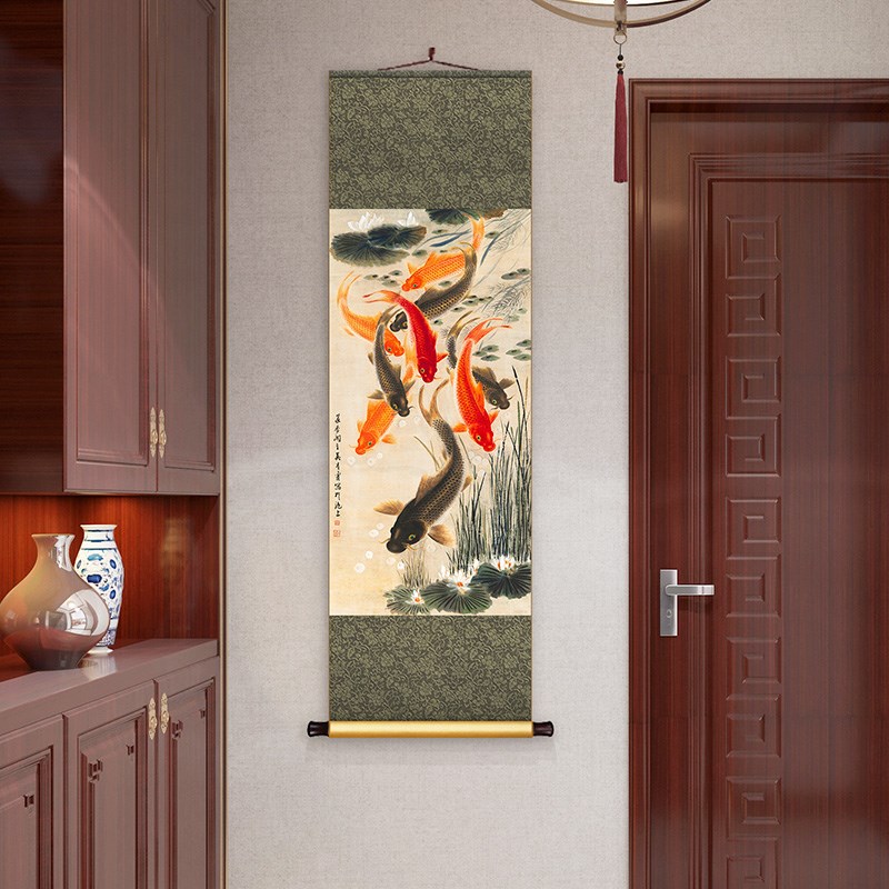 年年有鱼入户玄关画九鱼图挂画新中式客厅装饰画竖版装裱卷轴国画
