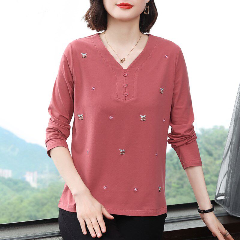 妈妈装纯棉长袖t恤女 2024春秋新款中老年外穿大码上衣薄款打底衫