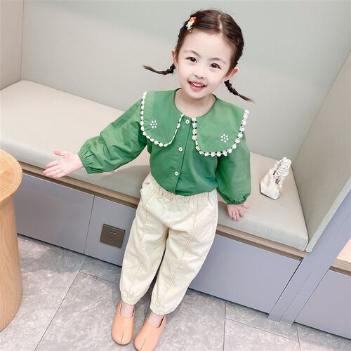 2021新款童装秋装3-8岁秋季女童绿色翻边衬衫洋气宝宝春秋上衣潮