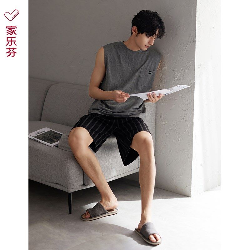 睡衣男士夏季无袖背心短裤纯棉家居服夏天夏款男款加大码休闲套装