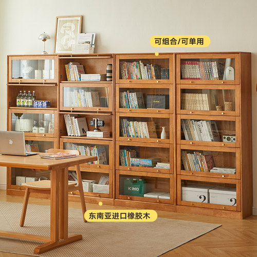 实木书柜玻璃门防尘书架置物架落地美式展示柜翻门北欧家用手办柜