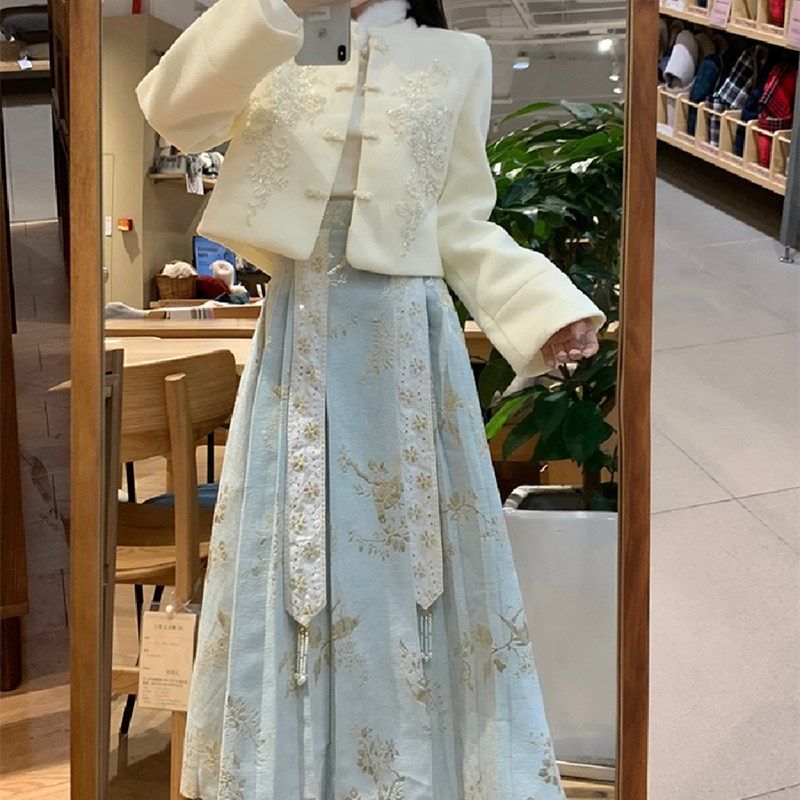 大码胖mm新中式国风毛呢上衣短外套半身裙女冬改良马面裙两件套装,女装/女士精品,大码套装,淘宝优惠券,粉丝福利购,淘宝优惠卷