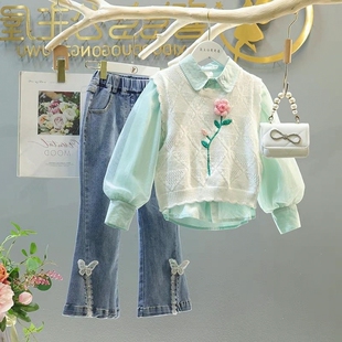 女童套装2023春秋新款甜美学院风翻领棉衬衫儿童马甲背心牛仔裤三