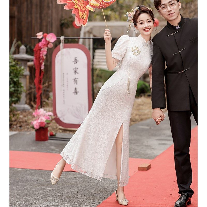白色旗袍敬酒服新娘领证登记订婚晚礼服裙女2024新款鱼尾中式夏季