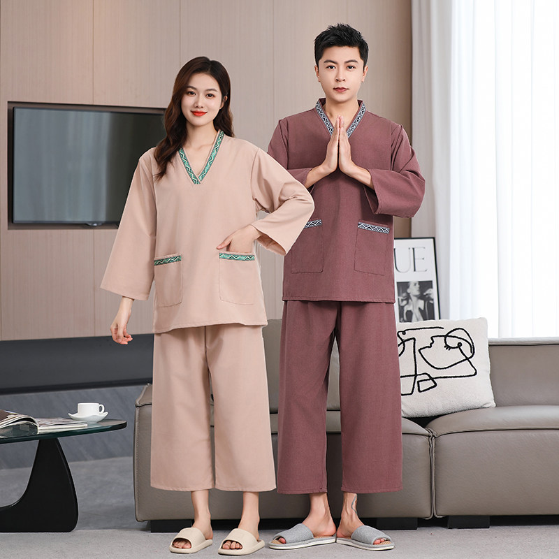 高档贡麻长袖长裤汗蒸服女套装桑拿服男大码浴衣足疗洗浴家居睡衣
