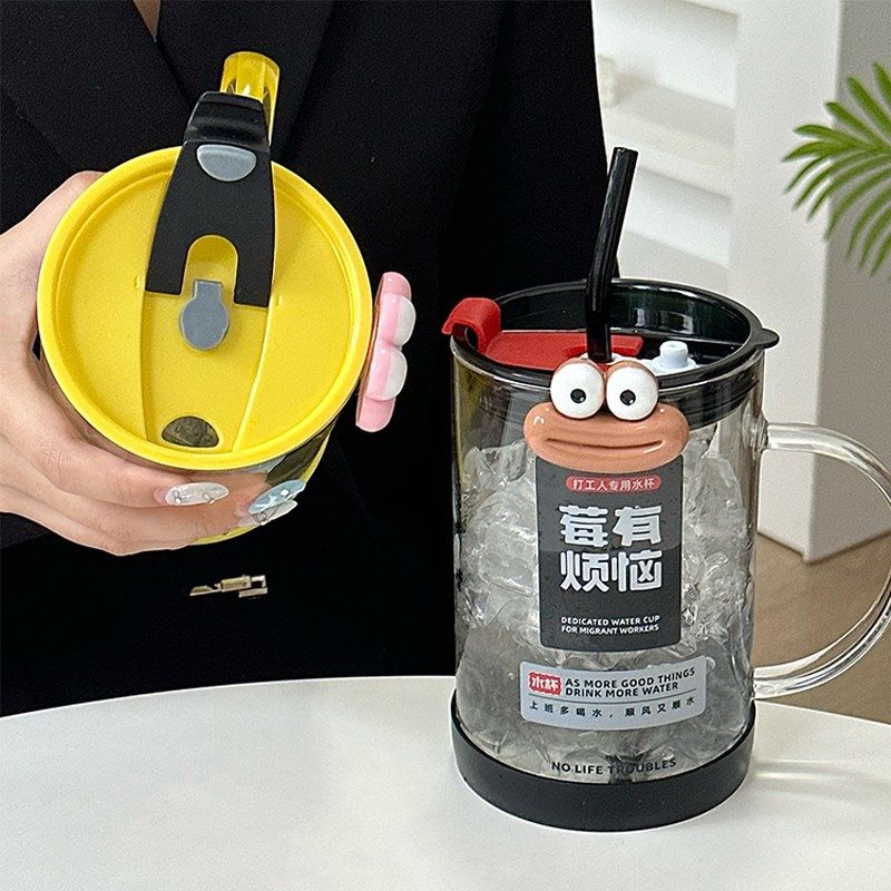 玻璃杯女高颜值耐高温办公室带盖带把手男大容量吸管水杯2024新款