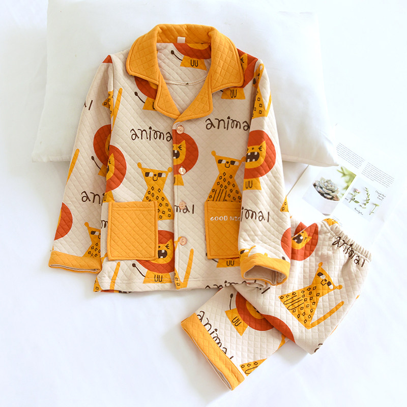 儿童秋冬全棉空气层三层保暖睡衣可爱小狗夹棉加厚纯棉男童家居服