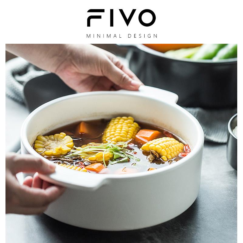 FIVO欧式陶瓷汤碗创意大号防烫双耳碗沙拉碗汤锅水煮牛肉汤盆深碗