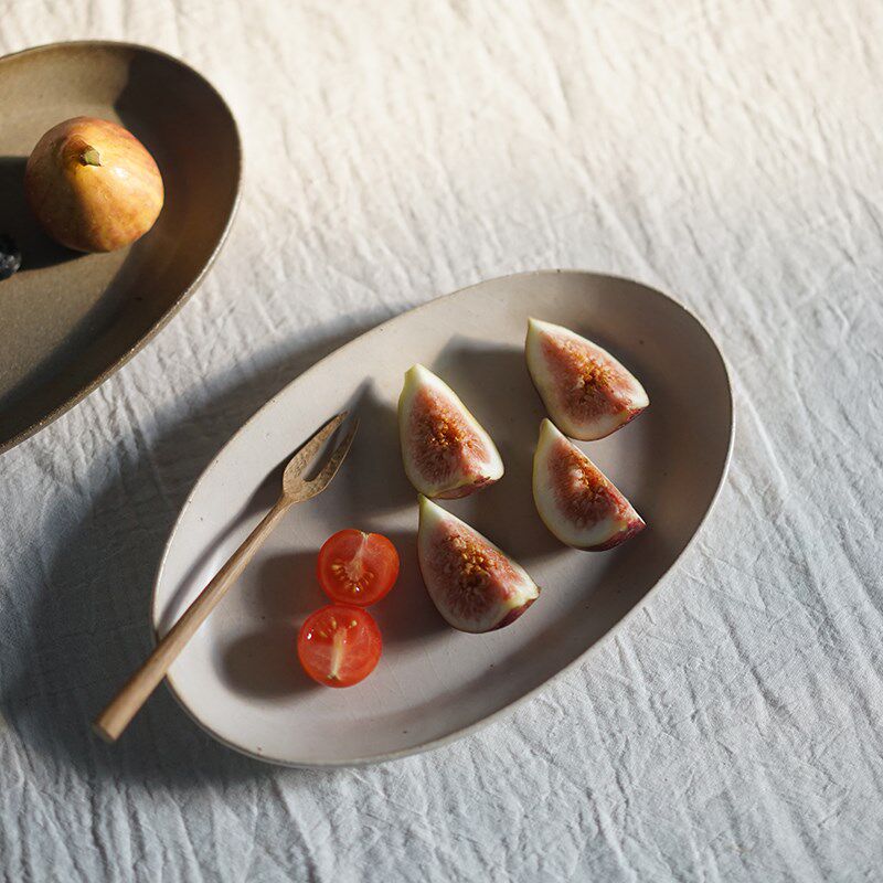 禾下 椭圆型折边平盘 手作陶器 食器  粗陶