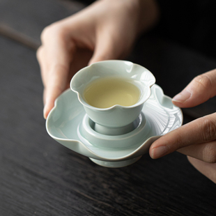 草木祠手工花型主人杯套杯杯垫青瓷茶杯高足品茗杯复古功夫茶具