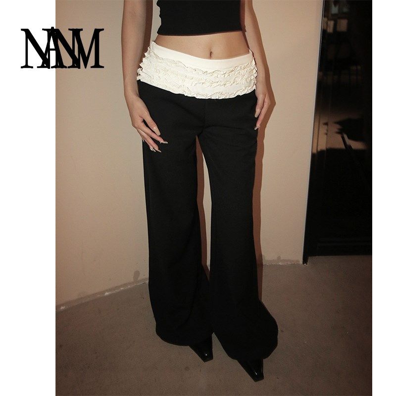 NAN芭蕾风显瘦褶皱花边西裤蛋糕裙垂感低腰微喇阔腿裤黑色长裤女,女装/女士精品,休闲裤,淘宝优惠券,粉丝福利购,淘宝优惠卷