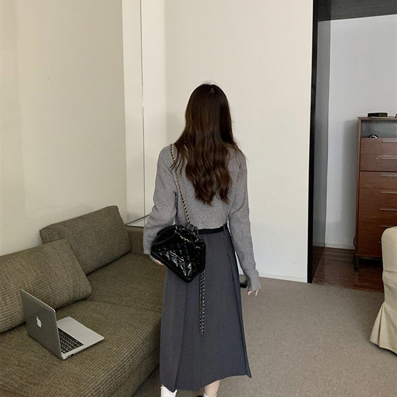 高级感西装灰色半身裙女中长款秋大码高腰设计感长裙A字百褶裙子