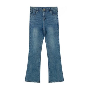 大码弹力微喇叭牛仔裤女2024春微胖mm高腰显瘦小个子黑色休闲裤子