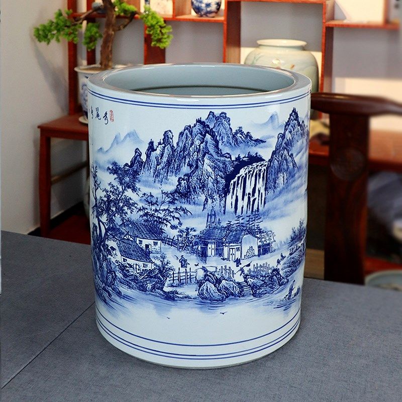景德镇陶瓷器青花瓷山水箭筒书画筒书房收纳客厅中式种树种花花盆