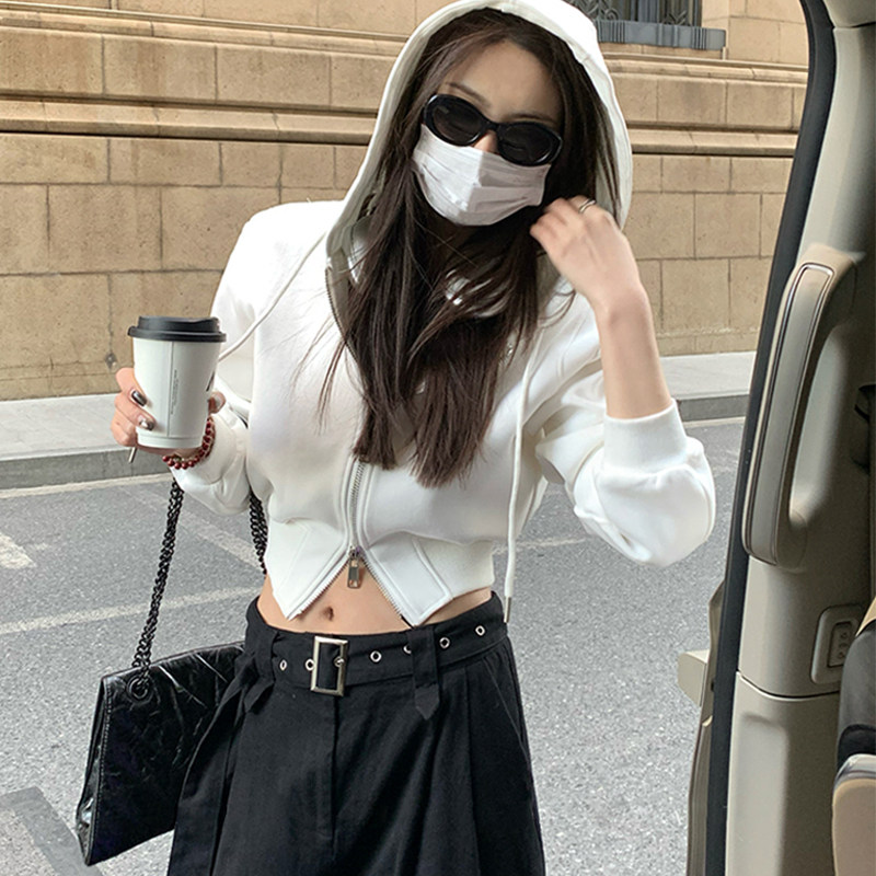 连帽白色拉炼卫衣女小个子2023新款小众修身休闲时尚秋冬短款外套