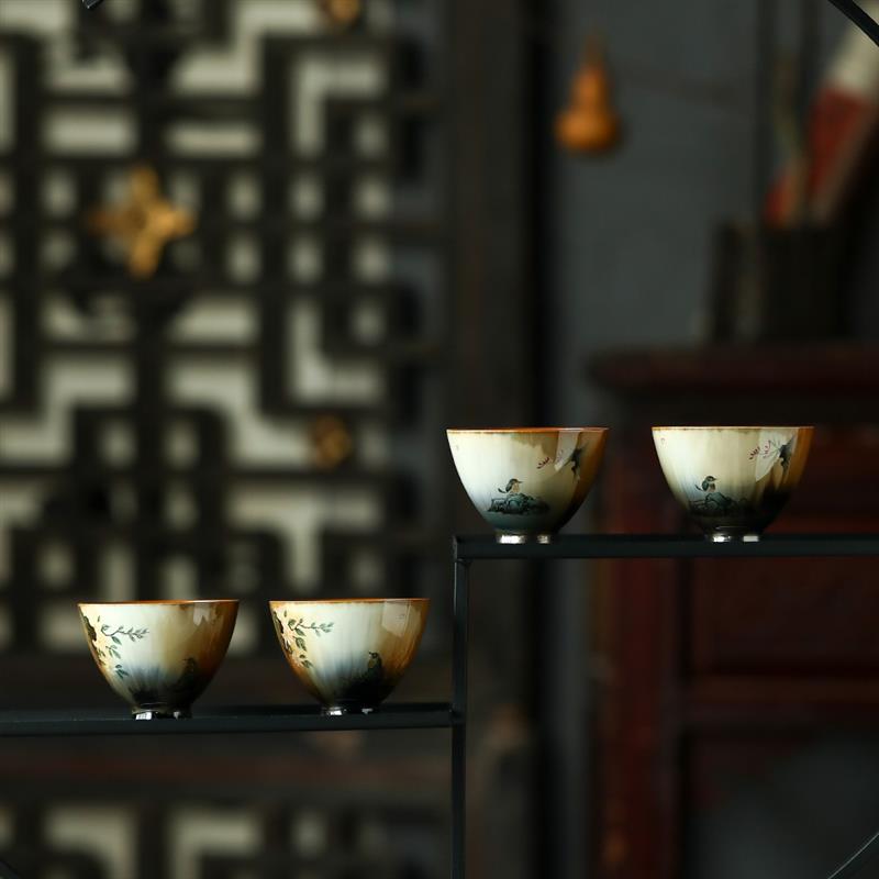 景德镇仿古窑变花鸟茶杯陶瓷主人杯品茗杯景德镇功夫茶具茶杯单杯