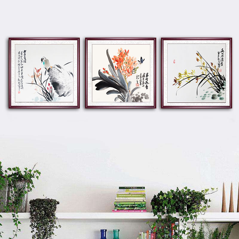 手绘国画兰花斗方小品装饰画客厅三联梅兰竹菊挂画餐厅电箱新中式