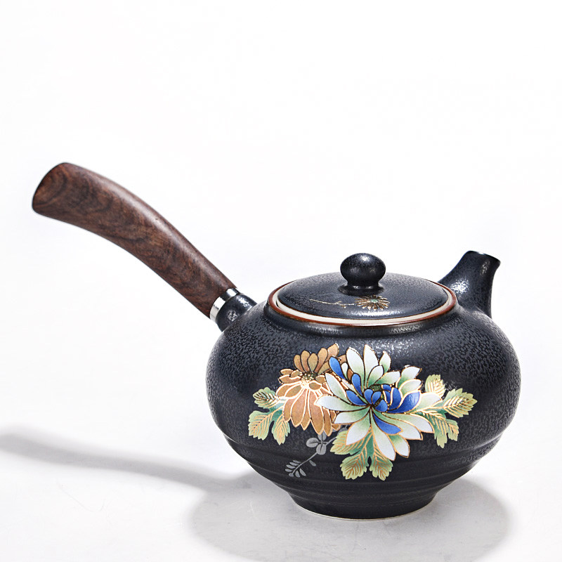 扒花茶壶功夫茶具成艺陶瓷泡茶器单壶大号青花汝瓷黑檀汝窑侧把壶