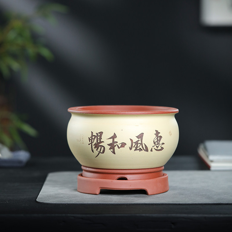宜兴紫砂花盆绿植盆栽 盆景盆中桌面室内个性古典精品刻绘透气