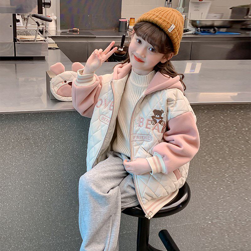 女童外套夹棉儿童装2024新款洋气女孩秋冬季时髦大童加厚连帽上衣