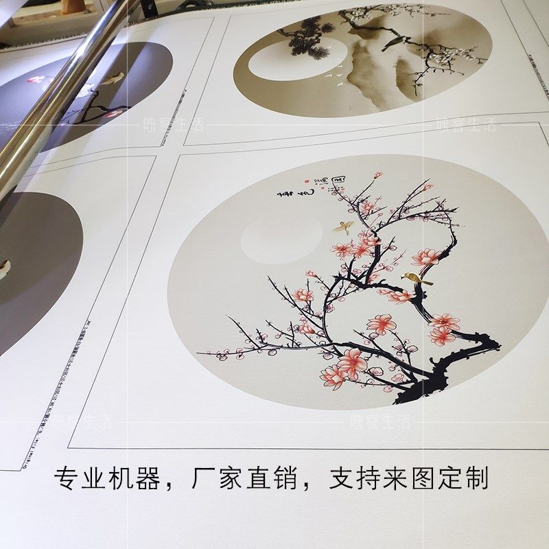 新中式屏风半透明纱画乔其纱玄关图纸隔断装饰圆形方形装饰画定制