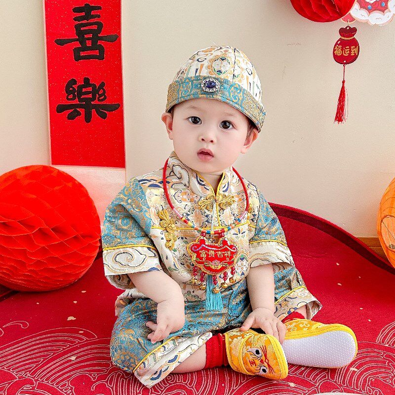 新中式男宝春秋新款周岁礼服喜庆生日宴百天抓周服儿童唐装冠衣