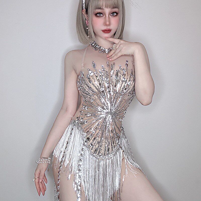 模特闪耀显瘦网纱水钻流苏短裙包臀裙礼服舞台演出服装女生日礼物