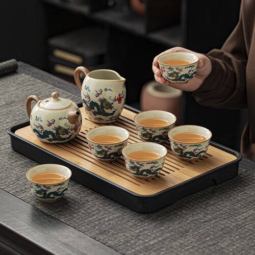 米黄汝窑双龙戏珠功夫茶具套装家用陶瓷带盖碗茶杯茶盘喝茶新中式