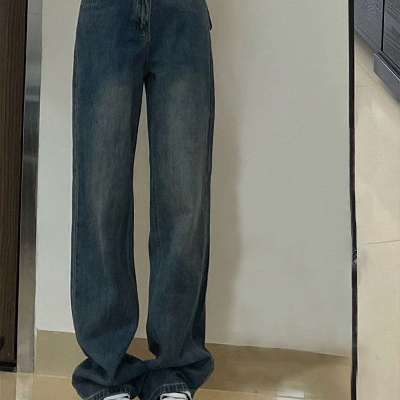 复古蓝牛仔裤女春季窄版大码胖mm高腰宽松显瘦梨形身材阔腿直筒裤