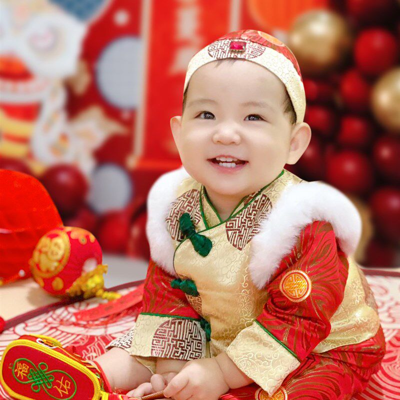 男宝宝周岁礼服春夏中式套装抓周服百日宴儿童唐装一岁婴儿冠衣