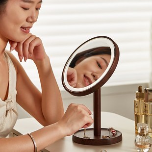 初心实木桌面台式化妆镜大镜面高清补光美妆镜led带灯镜子梳妆台