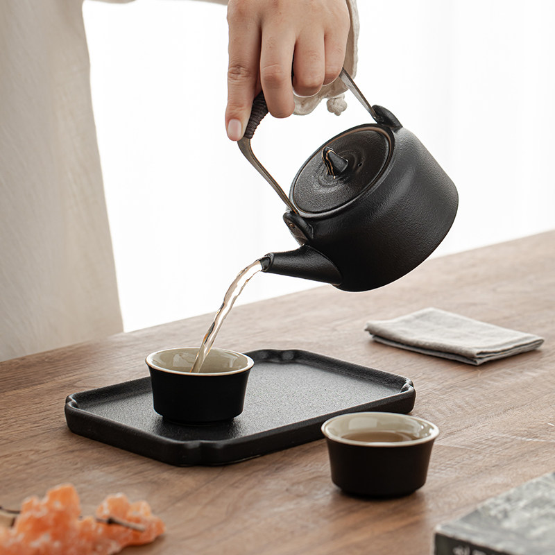 黑陶功夫茶具一壶二杯日式简约提梁壶干泡茶盘家用旅行禅意小套装