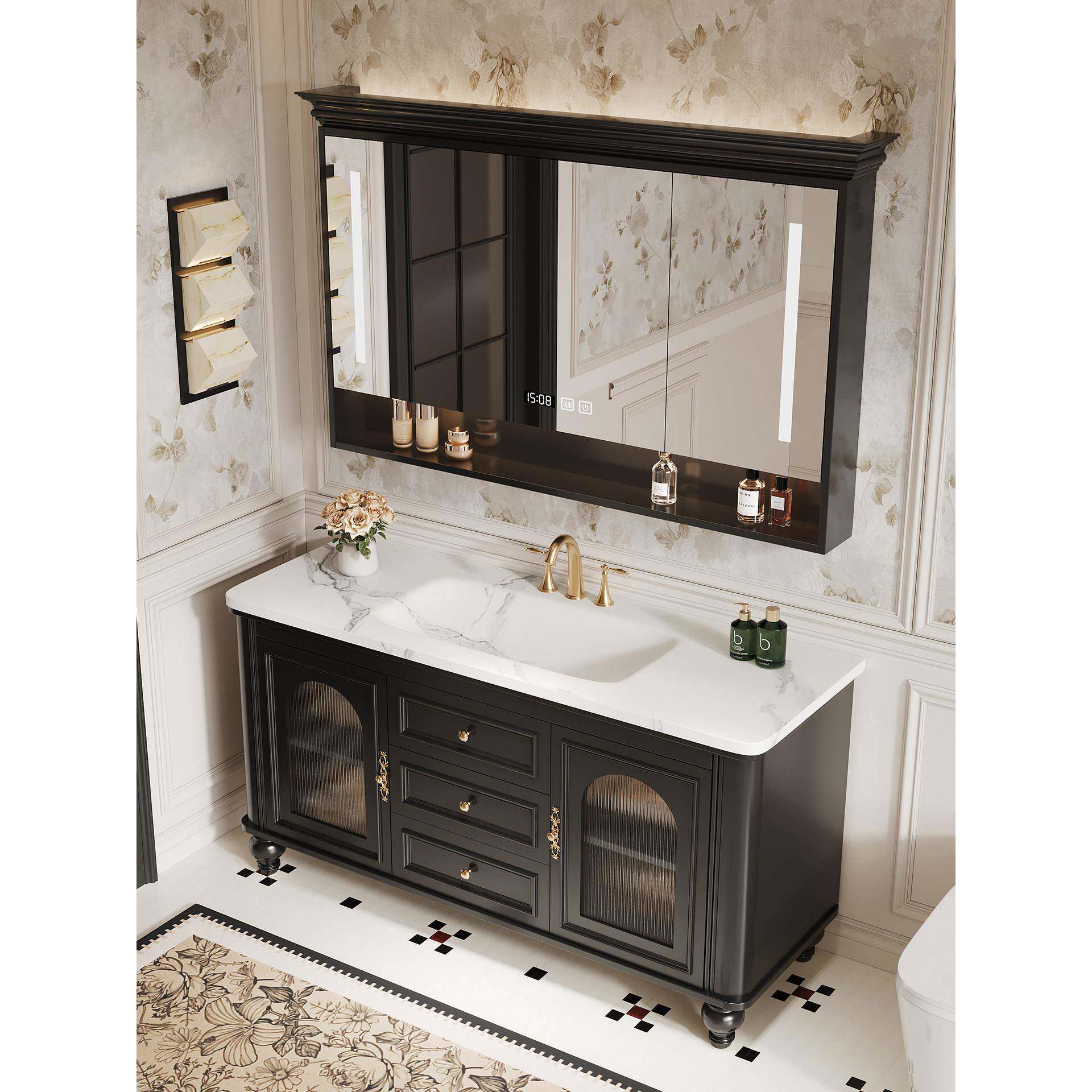 黑色法式覆古风浴室柜组合落地式智能镜柜橡胶木洗手盆柜卫生间
