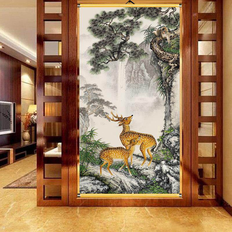 客厅玄关装饰画福鹿图卷轴挂画布画喷绘防水高清可定制竖版新中式