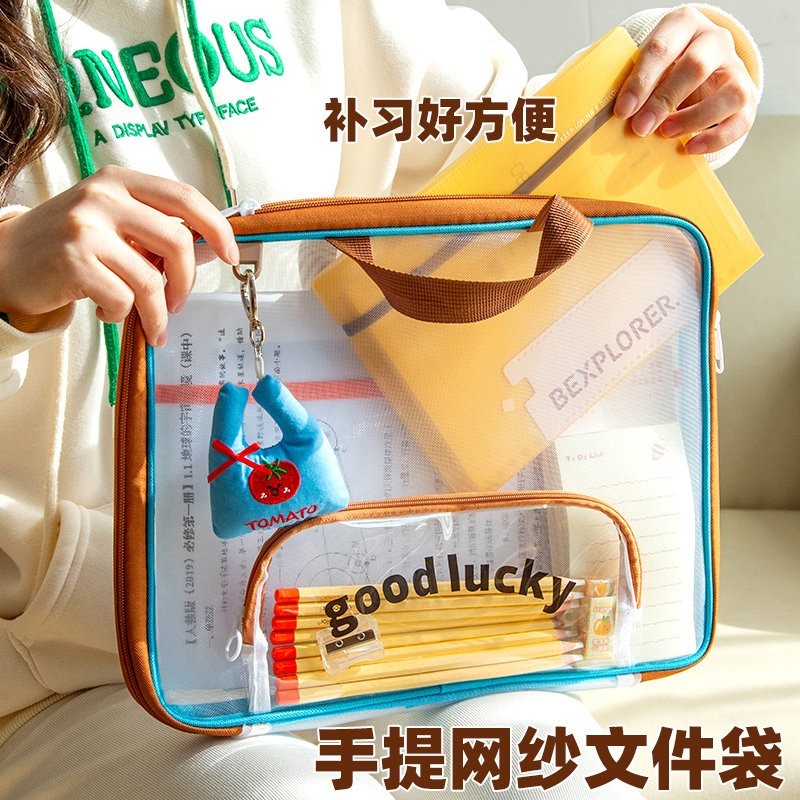 小槑同学 横版手提网纱文件袋小学生透明A4作业袋儿童补习手提袋书本收纳袋补课专用拉炼式多层学习包拎书袋