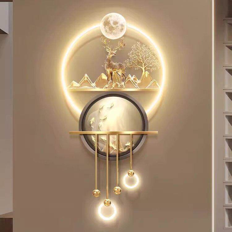 轻奢发财树玄关装饰画九鱼图入户门正对墙挂画福鹿走廊发光壁画灯