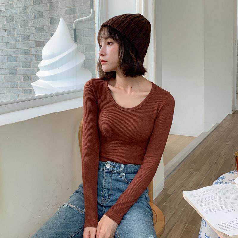 柔棉条纹打底衫高弹力自发热发热衣女加绒紧身秋冬长袖上衣单件