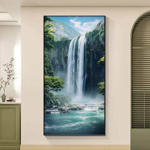 现代挂画入户进门玄关装饰画源远流长高山流水过道山水画简约竖版