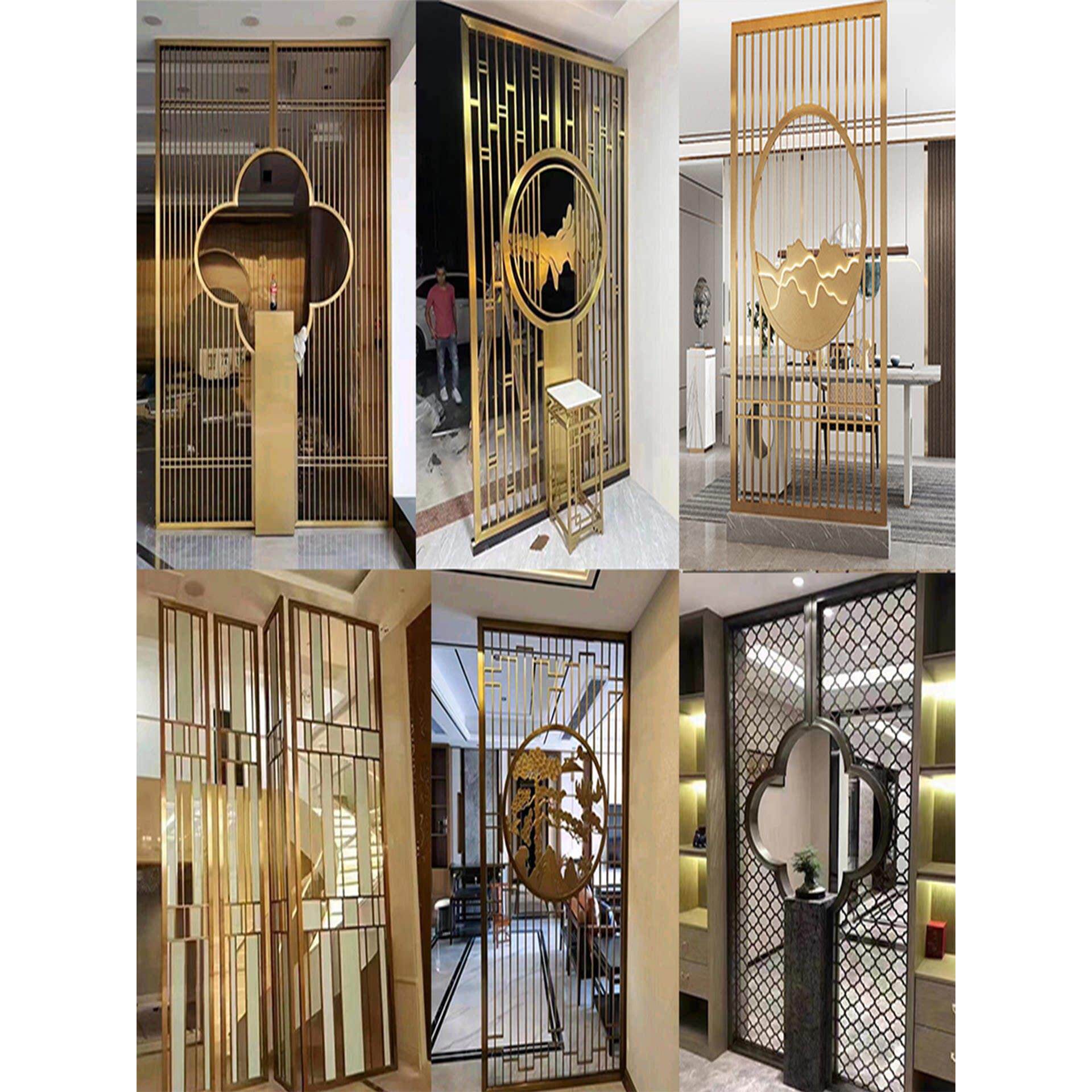 轻奢不锈钢屏风客厅玻璃隔断定制玫瑰金镂空图案中国金属假山入口