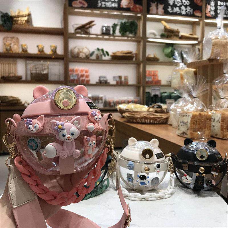 创意可爱个性网红高颜值少女带吸管塑料杯子学生儿童便携斜挎水壶